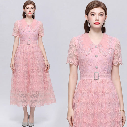 CM-DY073029 Women Elegant European Style Lace Doll Collar Short Sleeve Pinched Waist Long Dress - Pink
