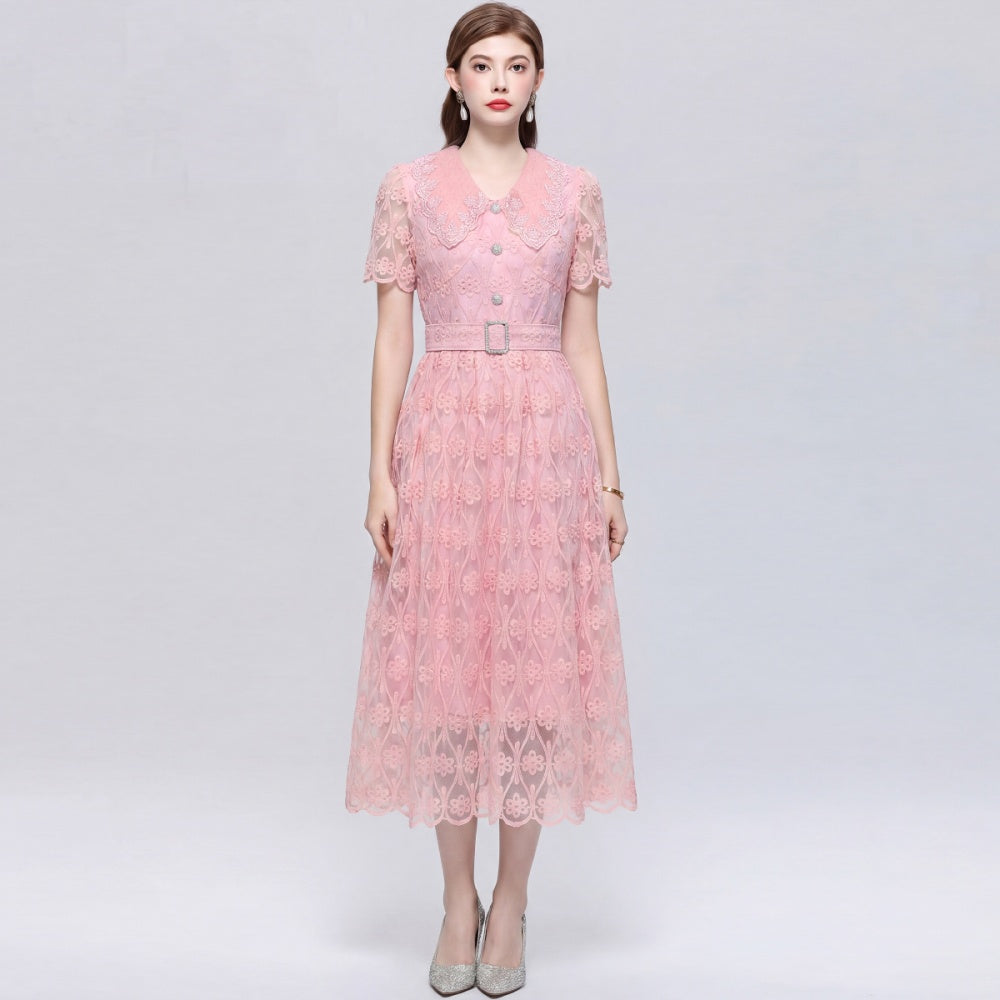 CM-DY073029 Women Elegant European Style Lace Doll Collar Short Sleeve Pinched Waist Long Dress - Pink