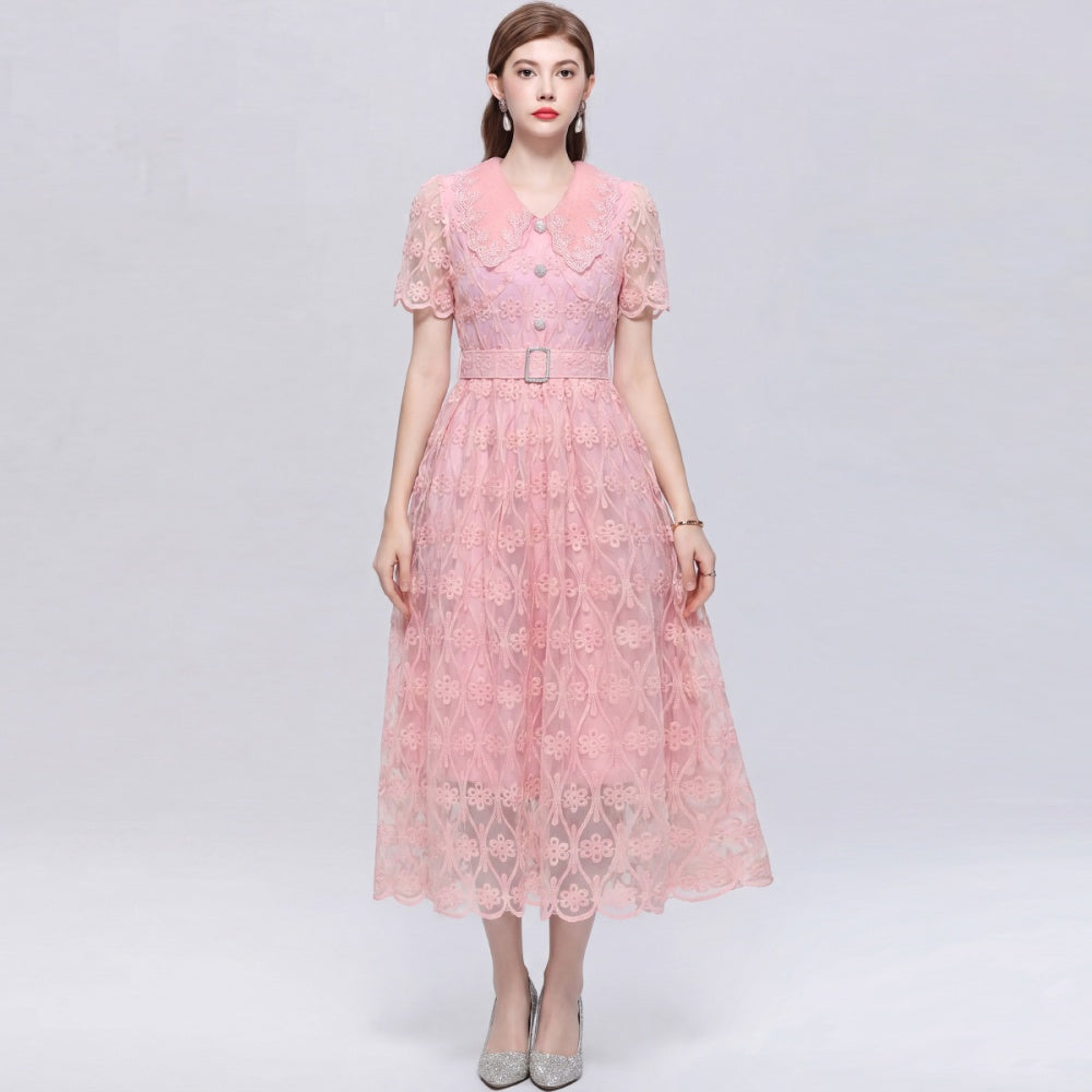 CM-DY073029 Women Elegant European Style Lace Doll Collar Short Sleeve Pinched Waist Long Dress - Pink
