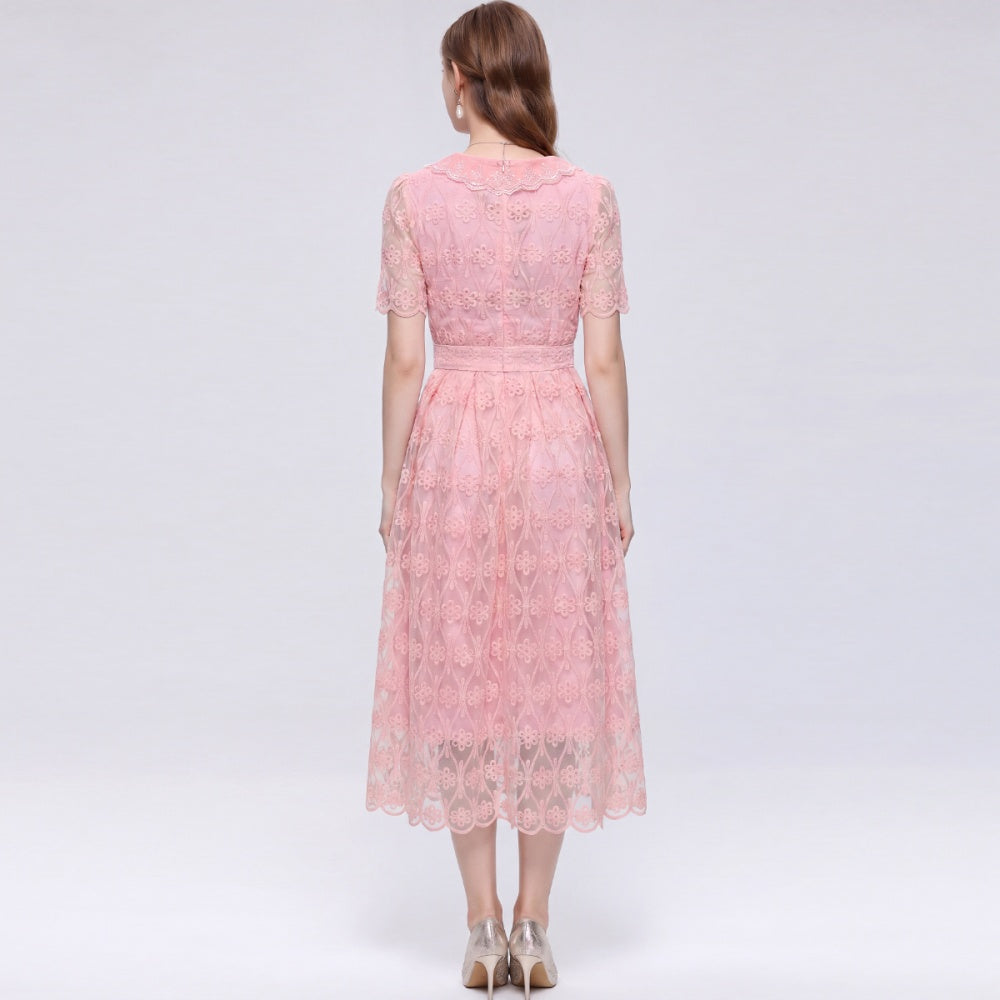 CM-DY073029 Women Elegant European Style Lace Doll Collar Short Sleeve Pinched Waist Long Dress - Pink