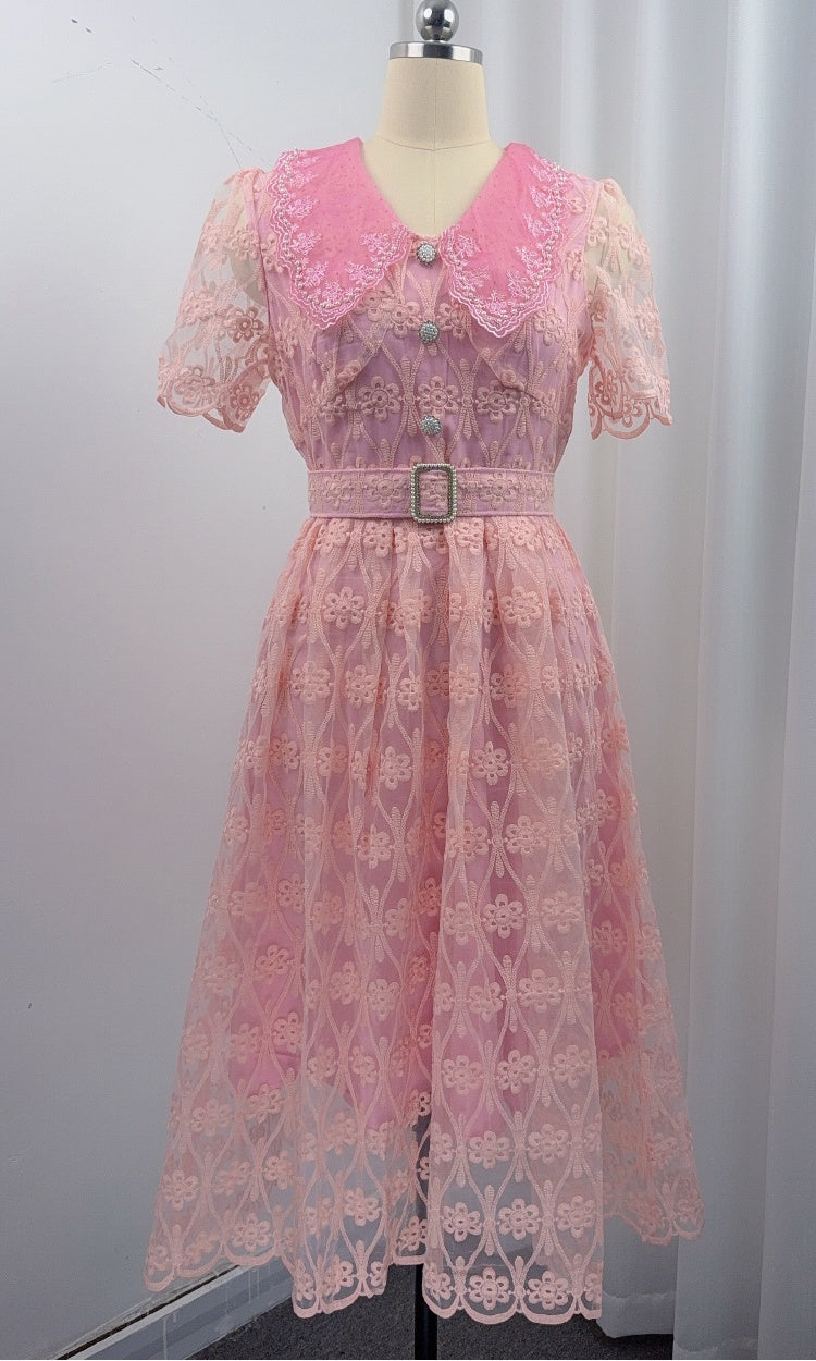 CM-DY073029 Women Elegant European Style Lace Doll Collar Short Sleeve Pinched Waist Long Dress - Pink