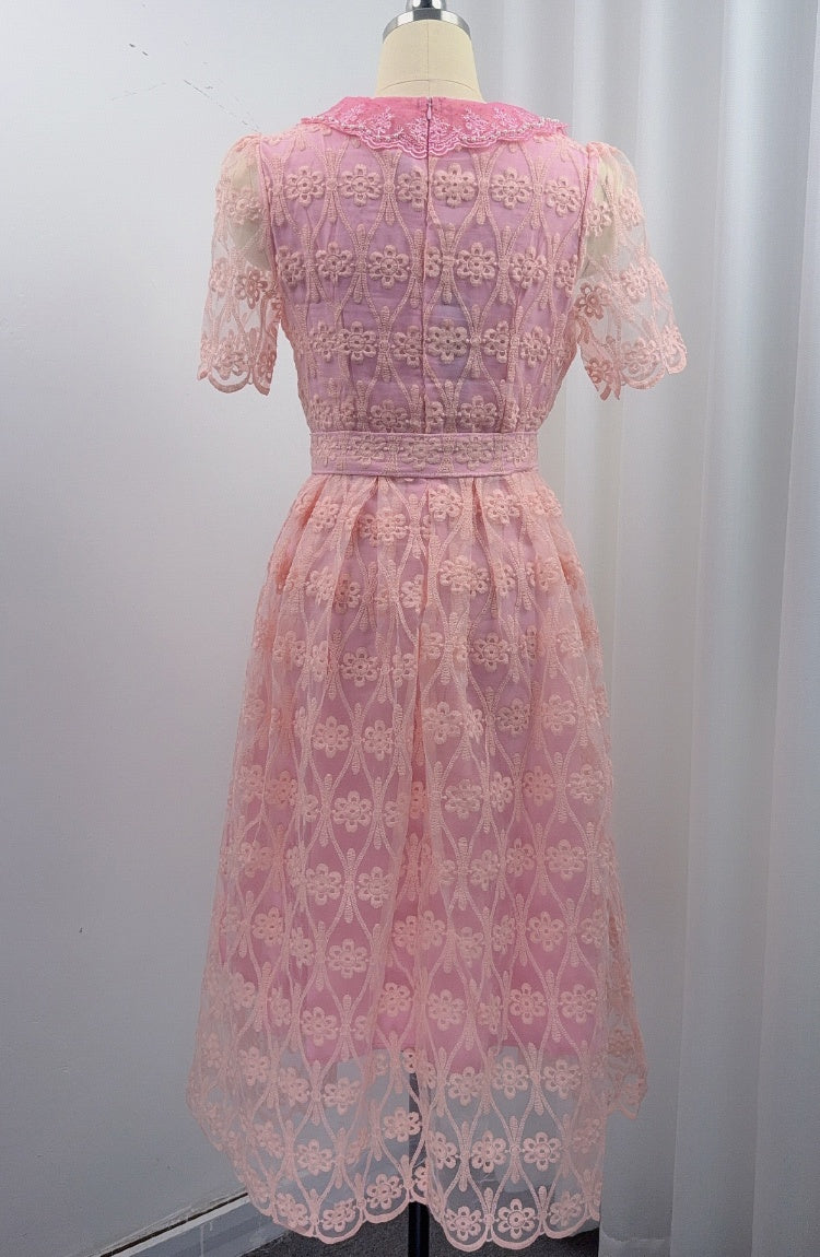 CM-DY073029 Women Elegant European Style Lace Doll Collar Short Sleeve Pinched Waist Long Dress - Pink