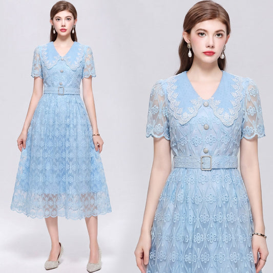 CM-DY073030 Women Elegant European Style Lace Doll Collar Short Sleeve Pinched Waist Long Dress - Blue