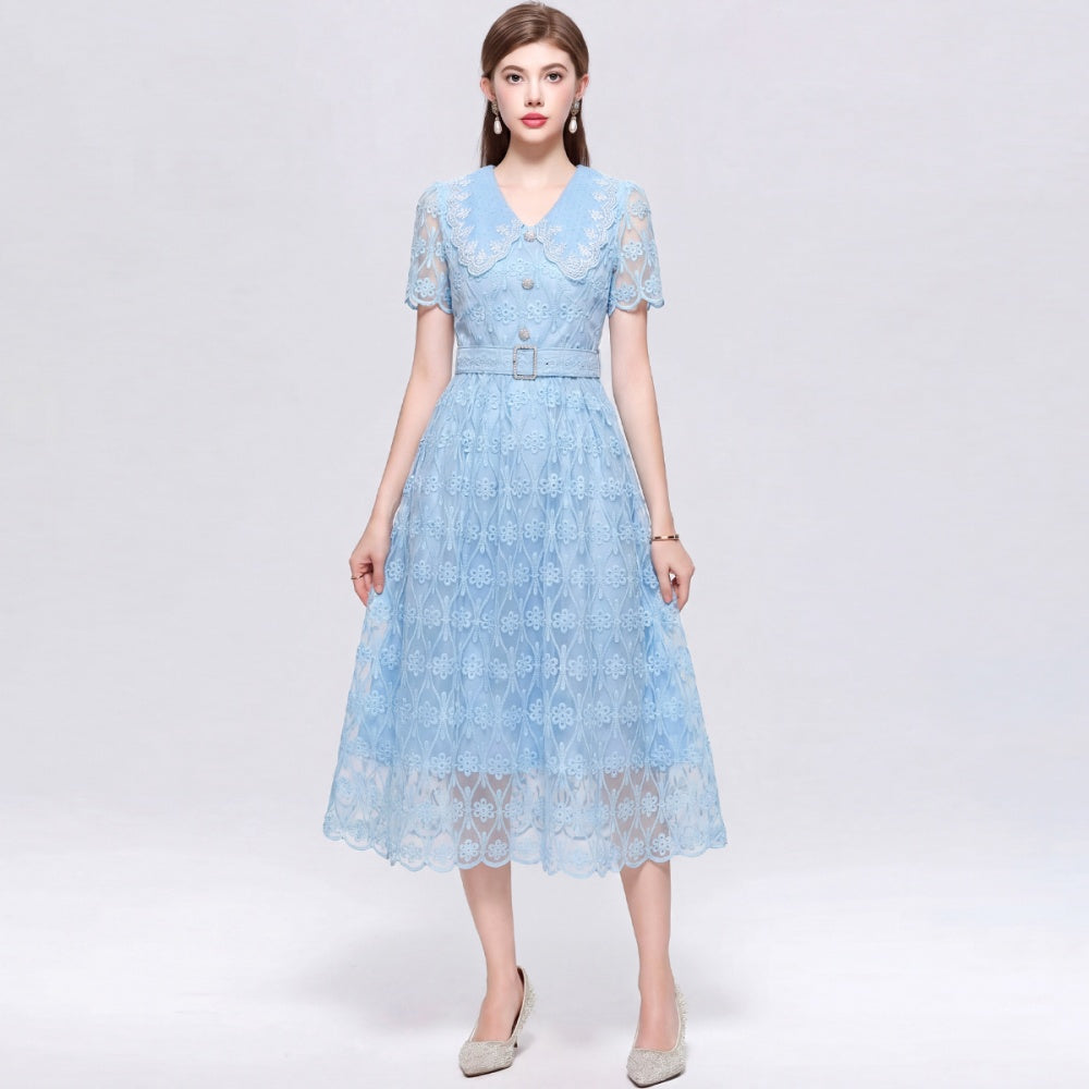 CM-DY073030 Women Elegant European Style Lace Doll Collar Short Sleeve Pinched Waist Long Dress - Blue