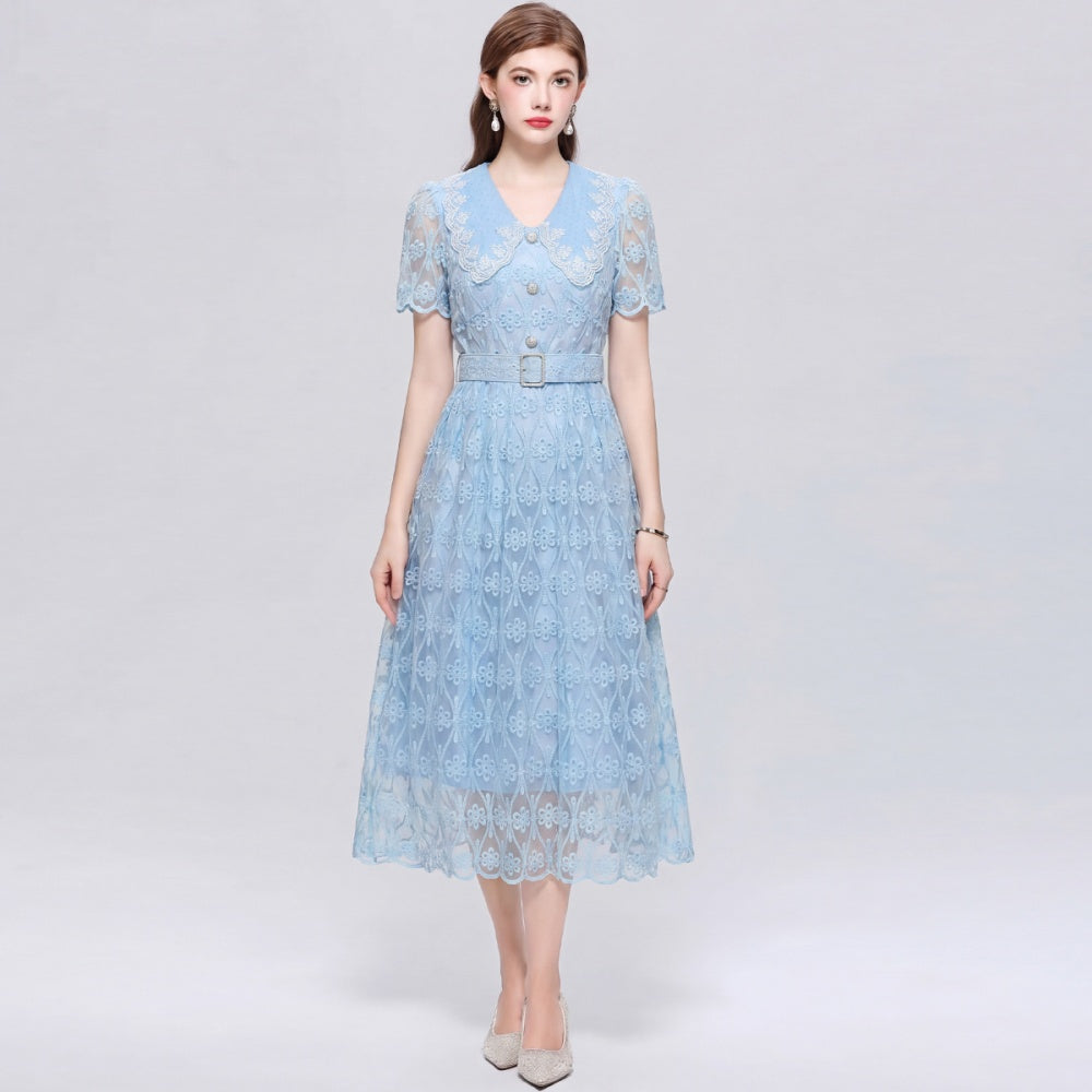 CM-DY073030 Women Elegant European Style Lace Doll Collar Short Sleeve Pinched Waist Long Dress - Blue