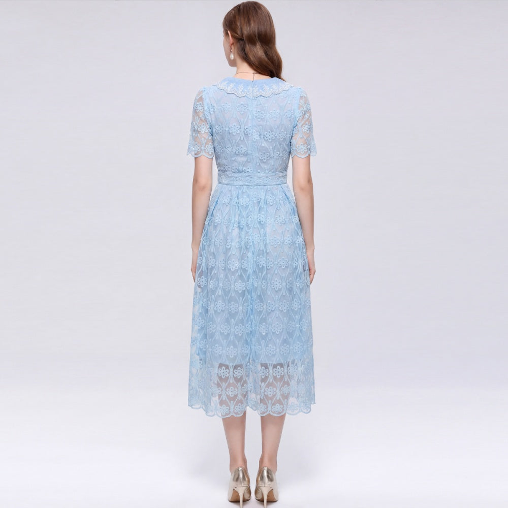 CM-DY073030 Women Elegant European Style Lace Doll Collar Short Sleeve Pinched Waist Long Dress - Blue