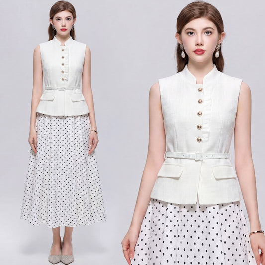 CM-DY073034 Women Elegant European Style Stand Collar Sleeveless Polka Dot Mid-Length Dress - Apricot