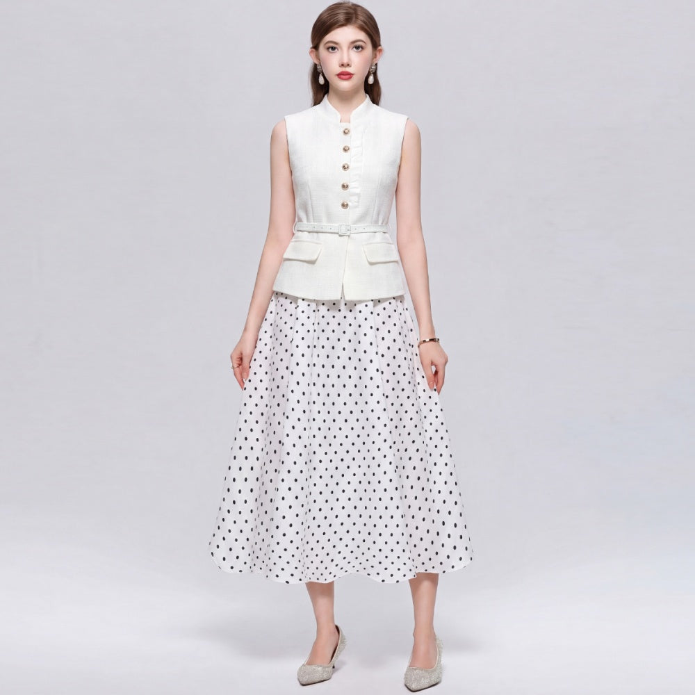 CM-DY073034 Women Elegant European Style Stand Collar Sleeveless Polka Dot Mid-Length Dress - Apricot