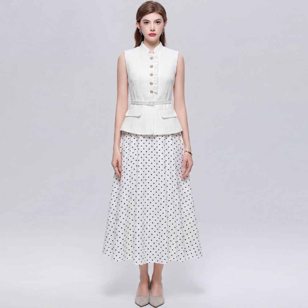 CM-DY073034 Women Elegant European Style Stand Collar Sleeveless Polka Dot Mid-Length Dress - Apricot