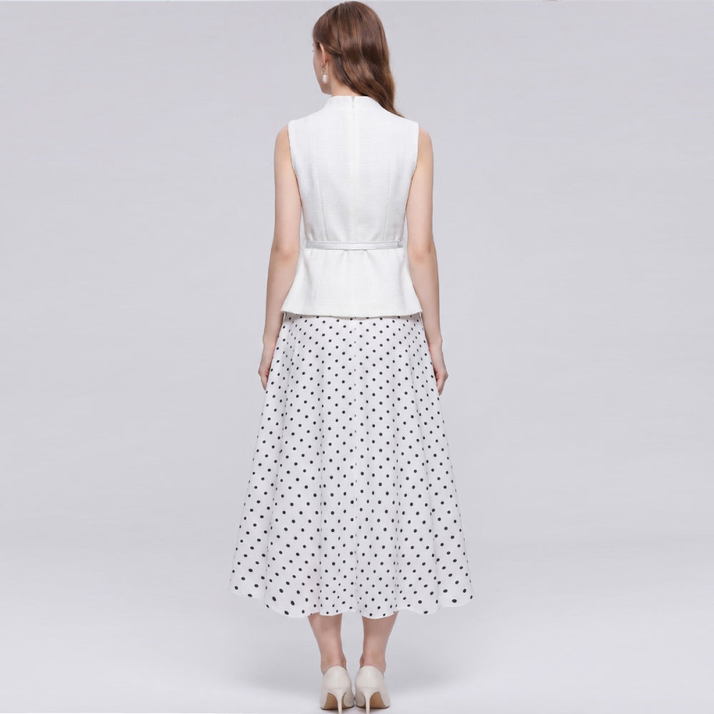 CM-DY073034 Women Elegant European Style Stand Collar Sleeveless Polka Dot Mid-Length Dress - Apricot