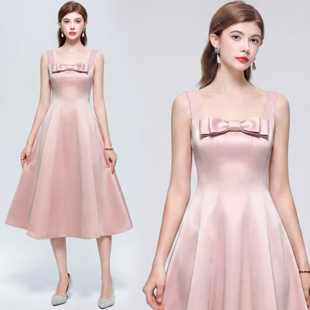CM-DY073035 Women Elegant European Style Straps Sleeveless Pinched Waist Mid-Length Dress - Pink