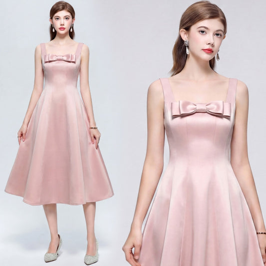 CM-DY073035 Women Elegant European Style Straps Sleeveless Pinched Waist Mid-Length Dress - Pink