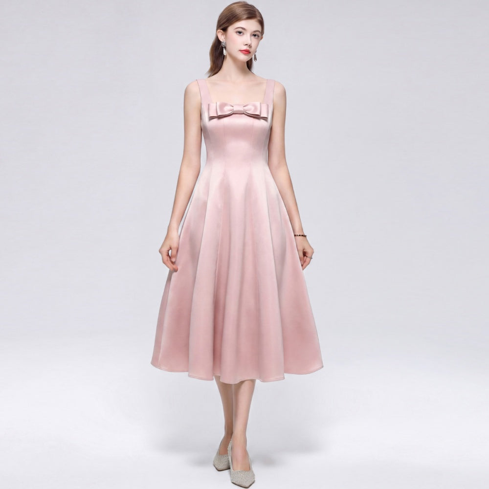CM-DY073035 Women Elegant European Style Straps Sleeveless Pinched Waist Mid-Length Dress - Pink