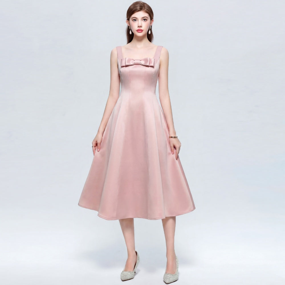 CM-DY073035 Women Elegant European Style Straps Sleeveless Pinched Waist Mid-Length Dress - Pink