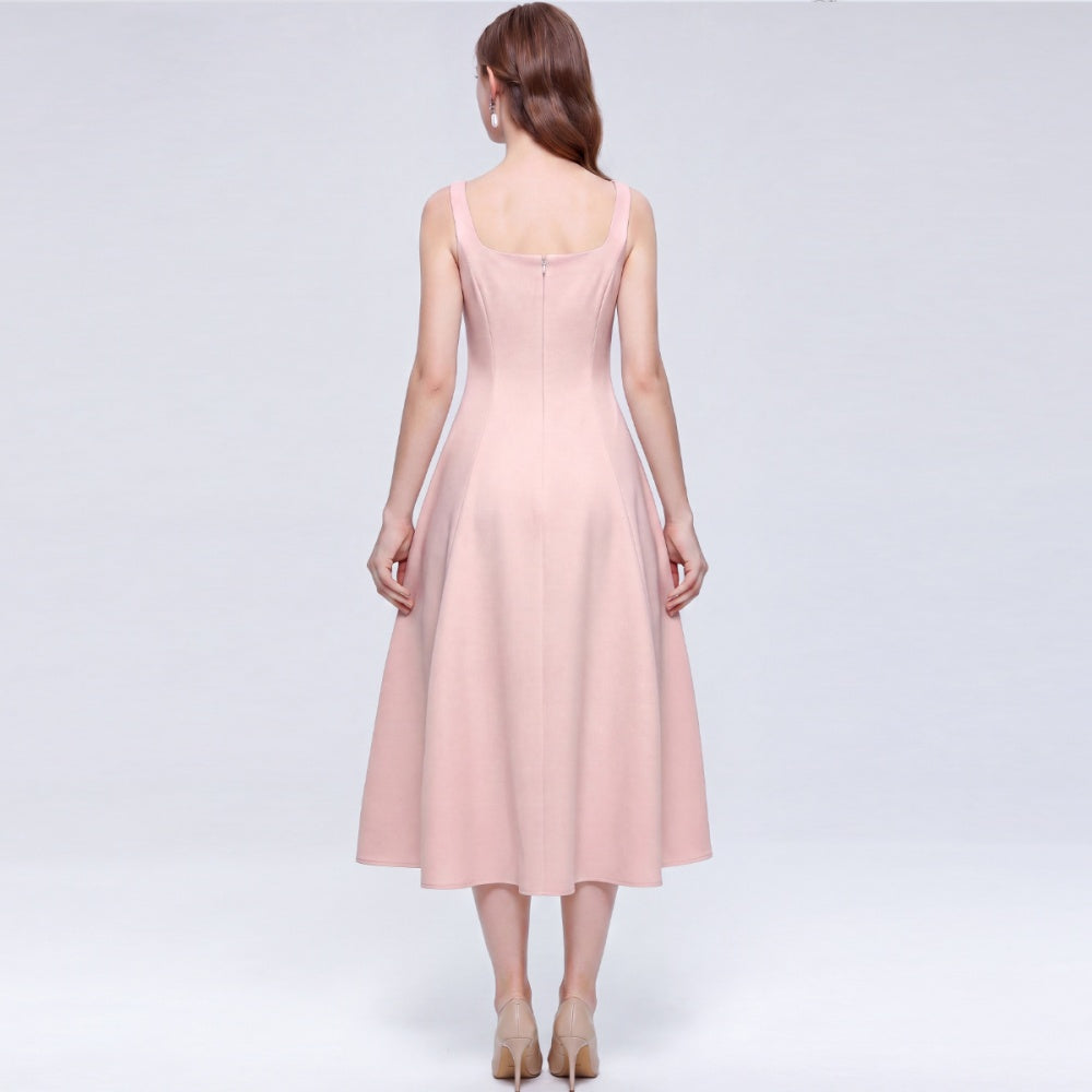 CM-DY073035 Women Elegant European Style Straps Sleeveless Pinched Waist Mid-Length Dress - Pink