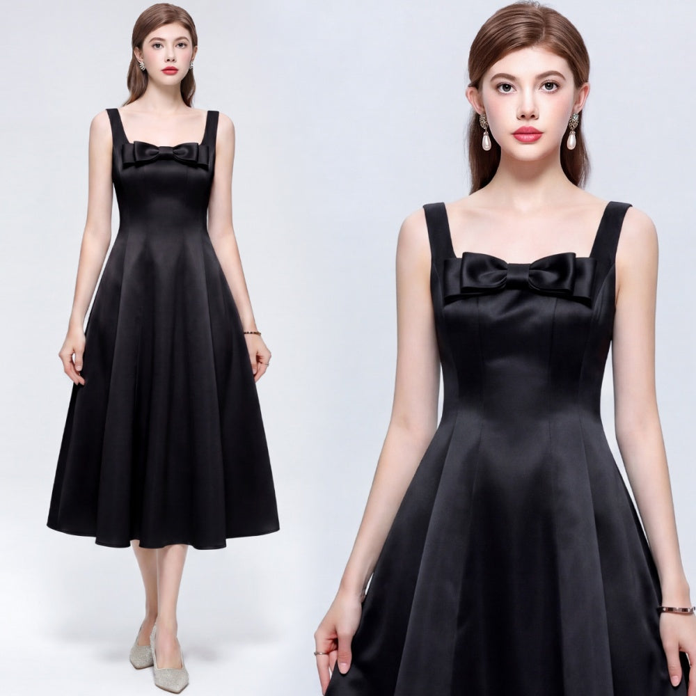 CM-DY073036 Women Elegant European Style Straps Sleeveless Pinched Waist Mid-Length Dress - Black