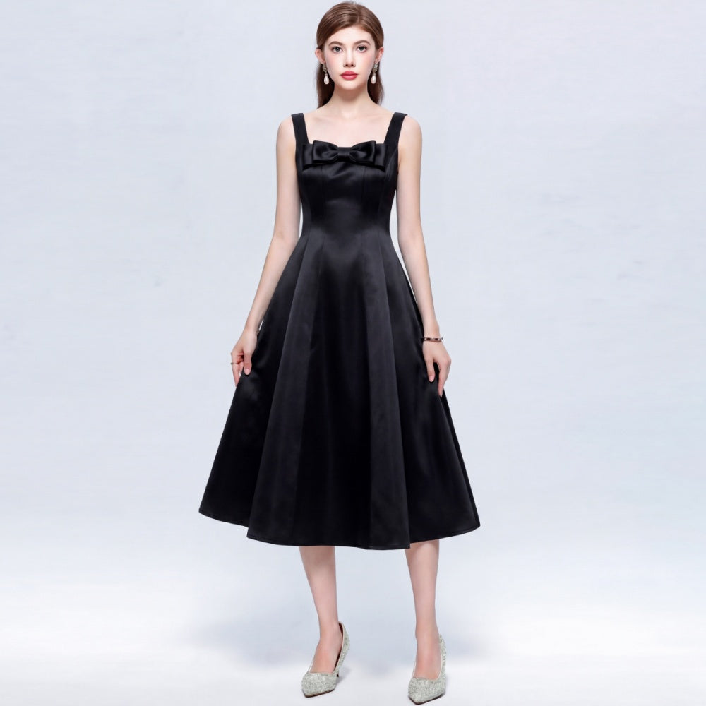 CM-DY073036 Women Elegant European Style Straps Sleeveless Pinched Waist Mid-Length Dress - Black