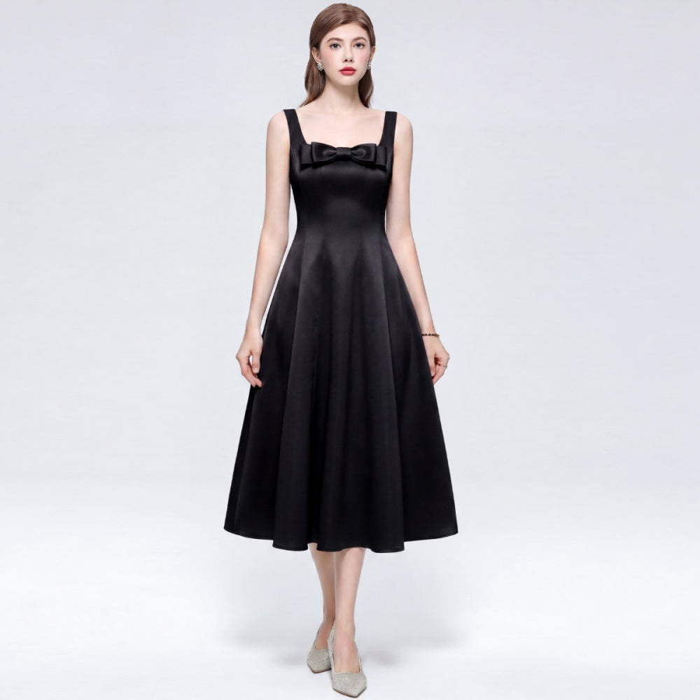 CM-DY073036 Women Elegant European Style Straps Sleeveless Pinched Waist Mid-Length Dress - Black