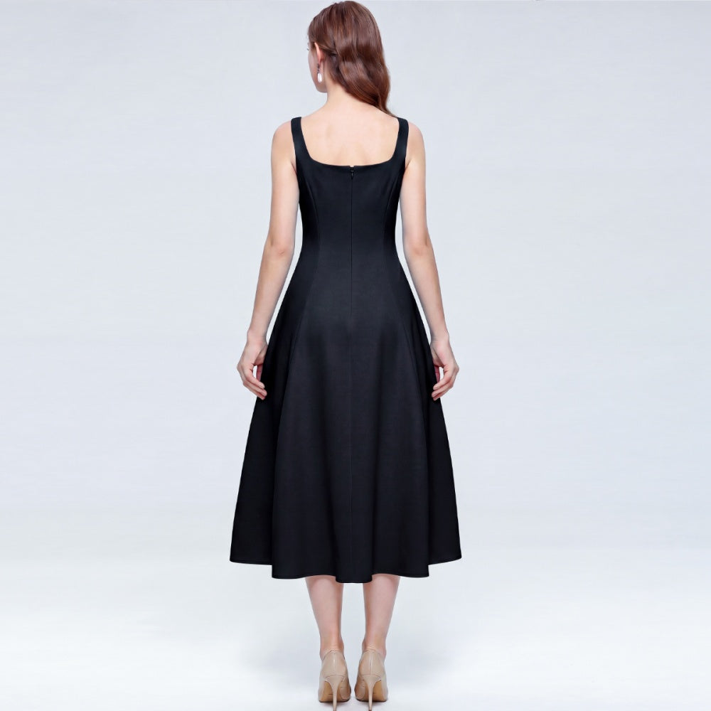 CM-DY073036 Women Elegant European Style Straps Sleeveless Pinched Waist Mid-Length Dress - Black