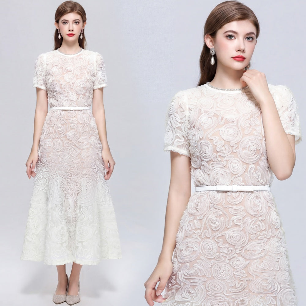 CM-DY073271 Women Elegant European Style Round Neck Short Sleeve Disk Floral Decor Belted Midi Dress - Apricot