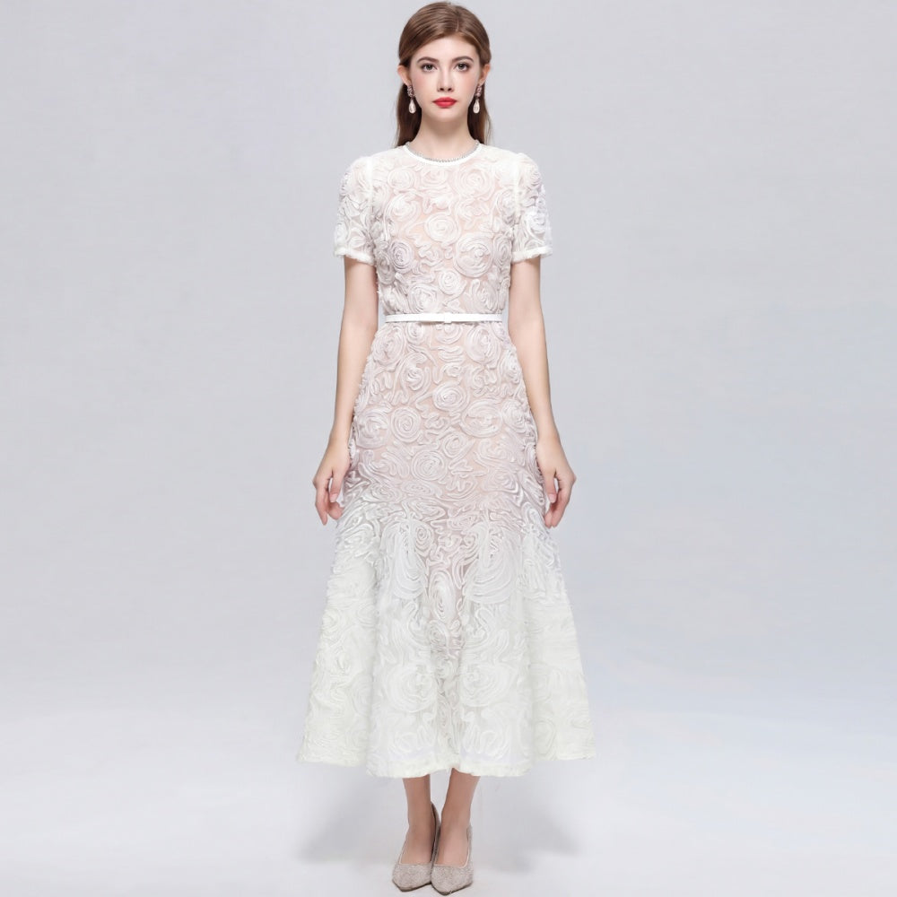 CM-DY073271 Women Elegant European Style Round Neck Short Sleeve Disk Floral Decor Belted Midi Dress - Apricot