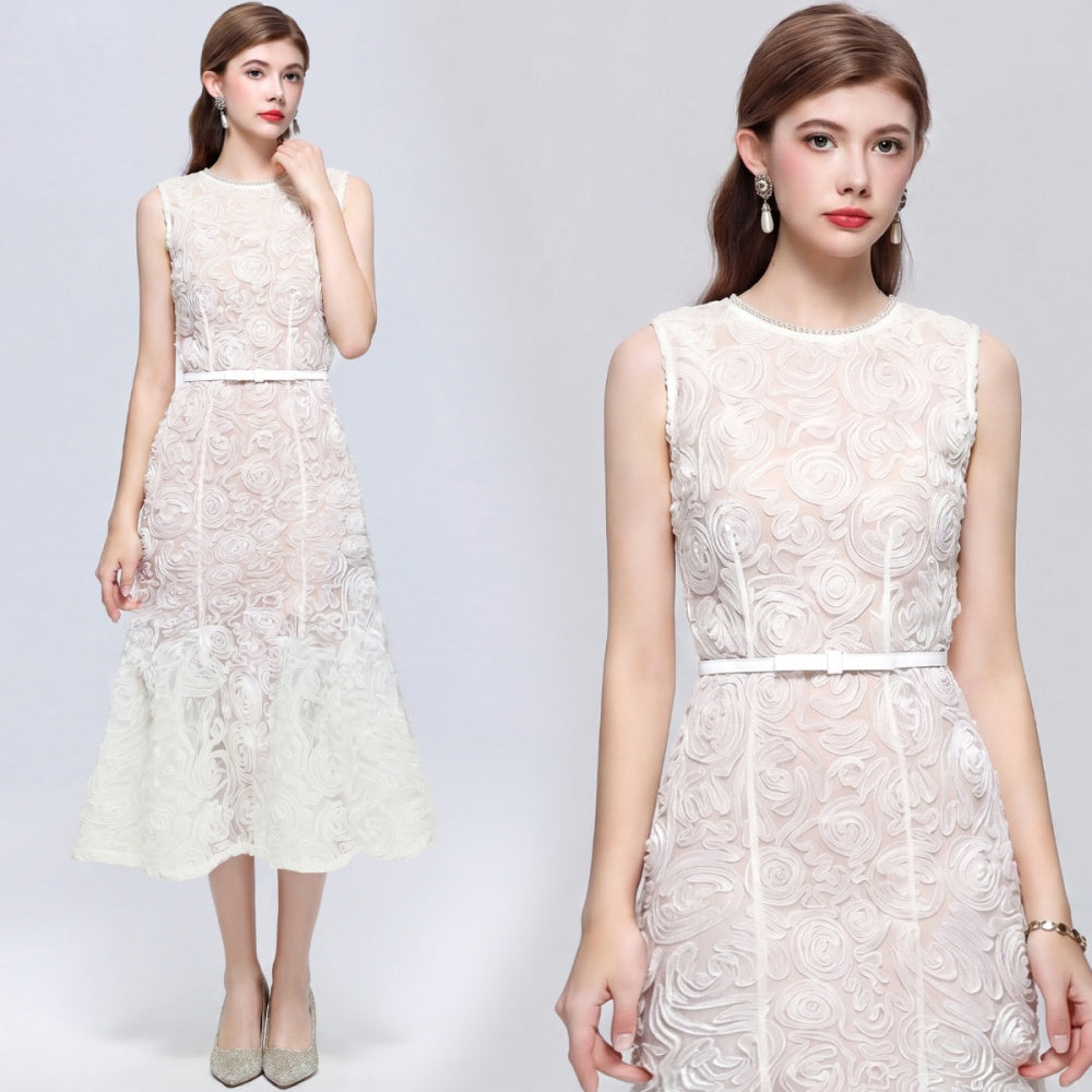 CM-DY073272 Women Elegant European Style Round Neck Sleeveless Disk Floral Decor Belted Midi Dress - Apricot