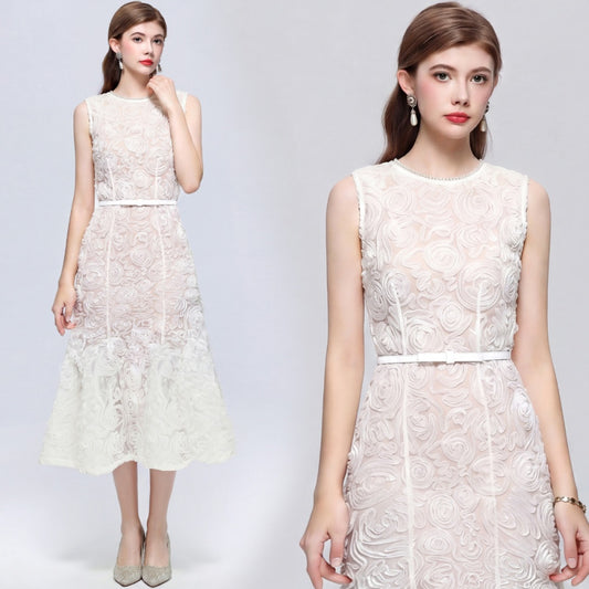 CM-DY073272 Women Elegant European Style Round Neck Sleeveless Disk Floral Decor Belted Midi Dress - Apricot