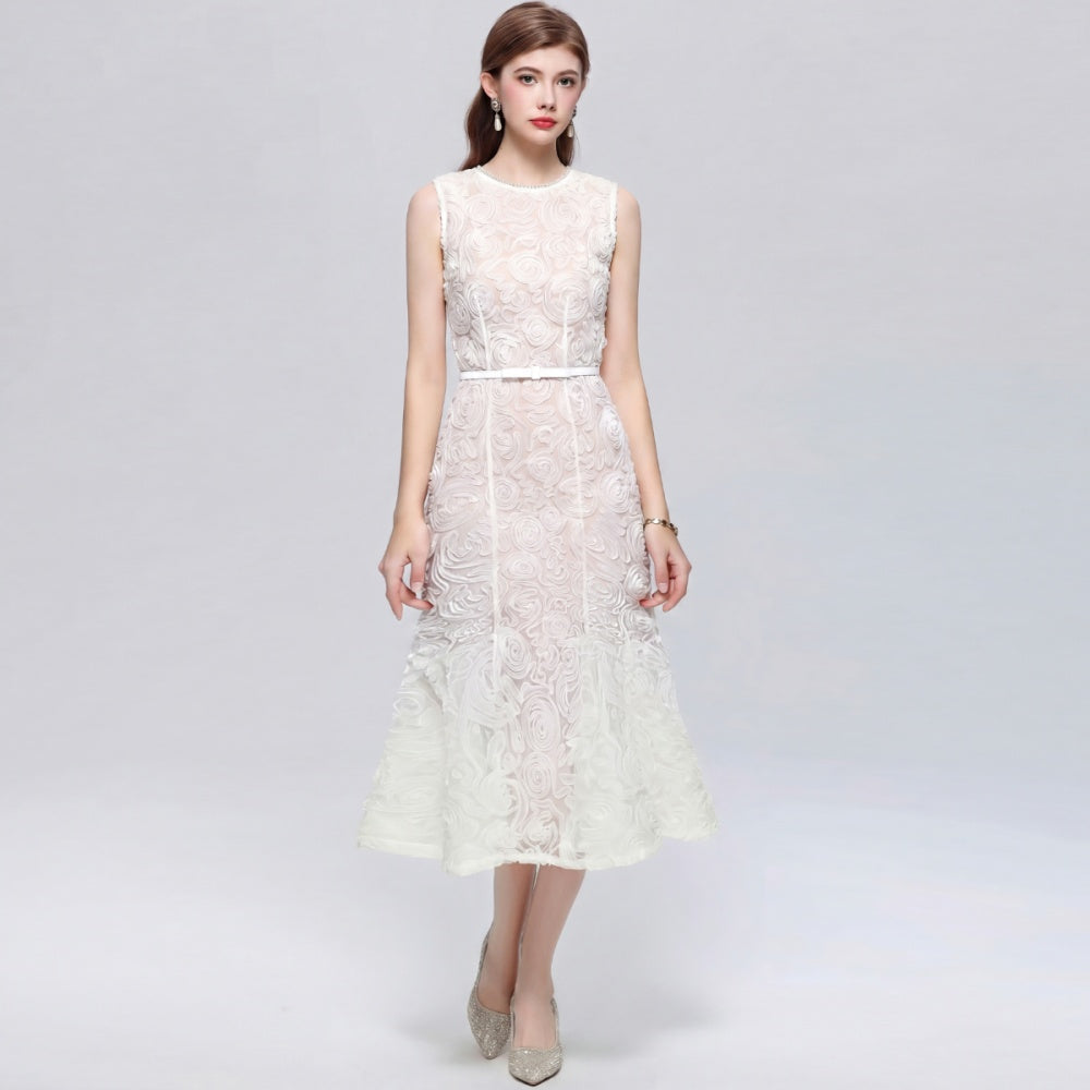 CM-DY073272 Women Elegant European Style Round Neck Sleeveless Disk Floral Decor Belted Midi Dress - Apricot