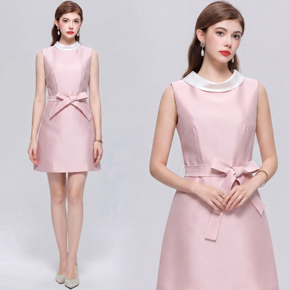 CM-DY073310 Women Elegant European Style Round Neck Sleeveless Satin Bow A-Line Mini Dress - Pink