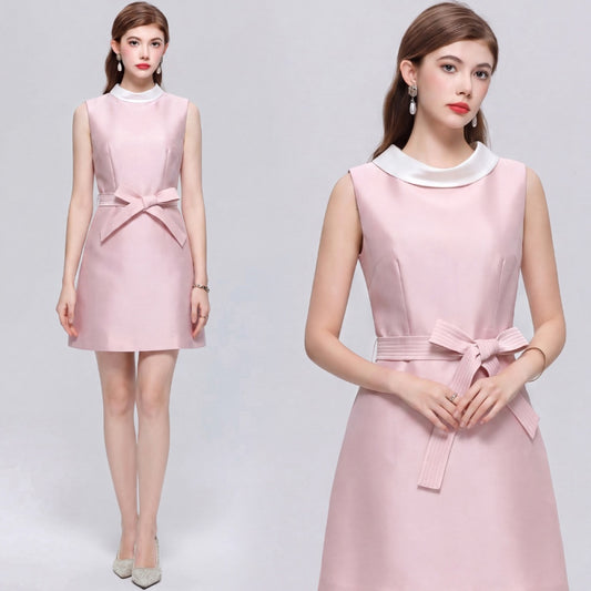 CM-DY073310 Women Elegant European Style Round Neck Sleeveless Satin Bow A-Line Mini Dress - Pink