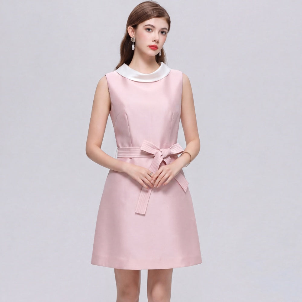 CM-DY073310 Women Elegant European Style Round Neck Sleeveless Satin Bow A-Line Mini Dress - Pink