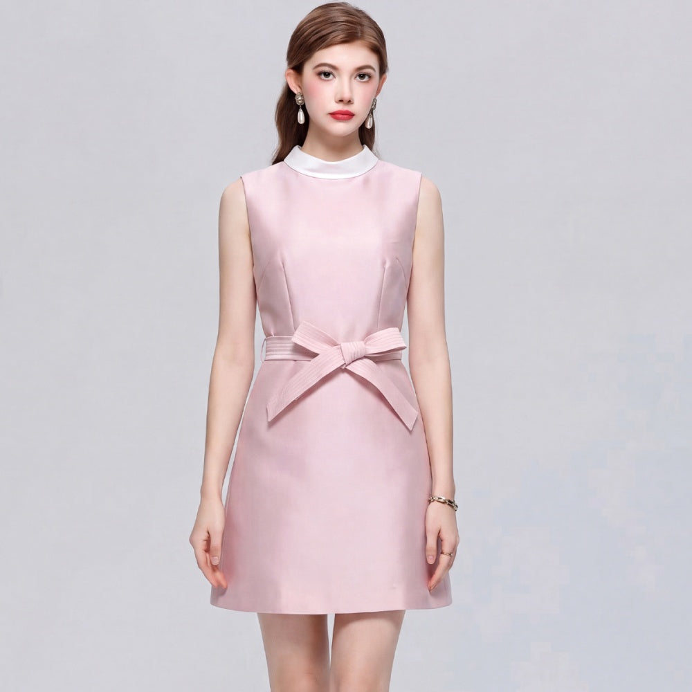 CM-DY073310 Women Elegant European Style Round Neck Sleeveless Satin Bow A-Line Mini Dress - Pink