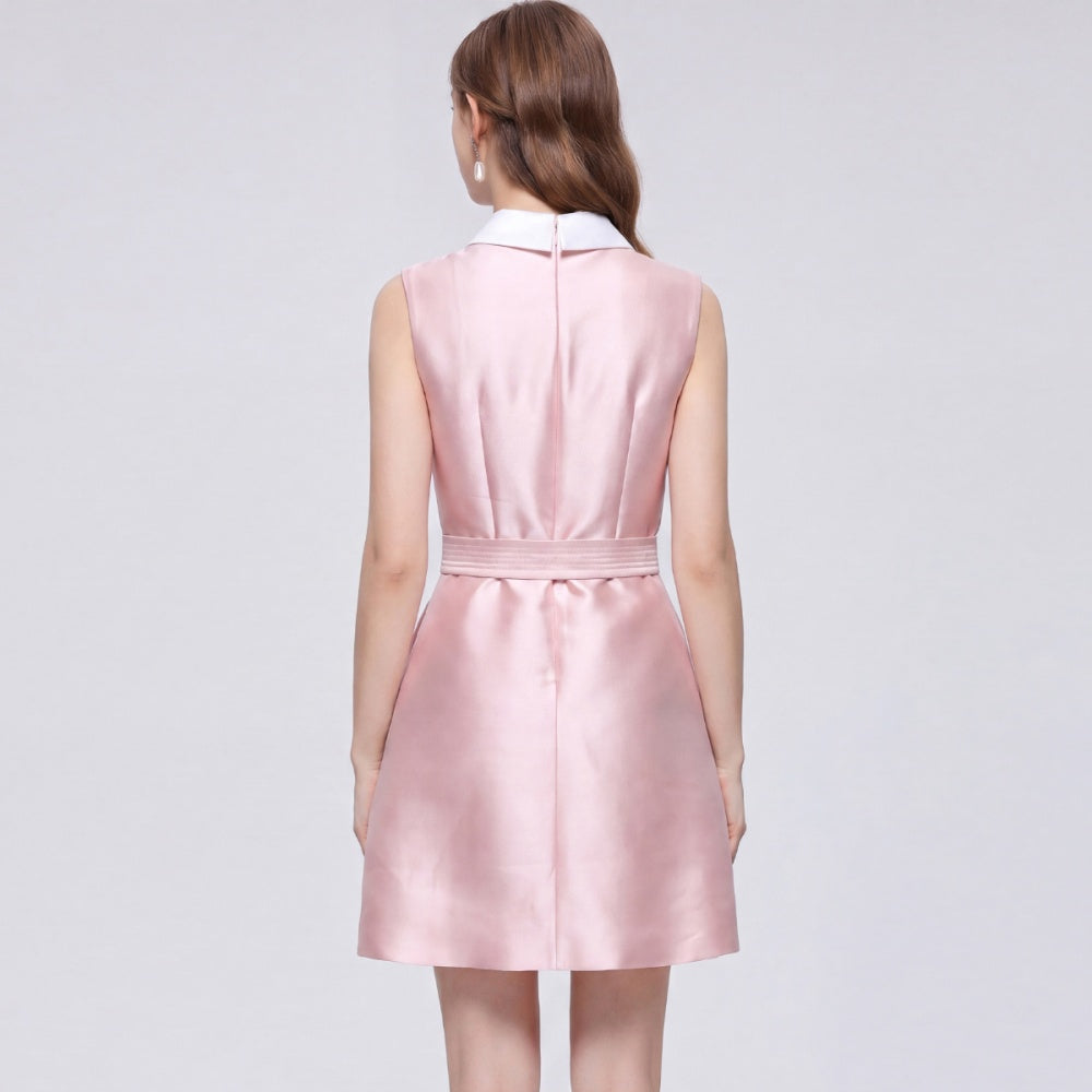 CM-DY073310 Women Elegant European Style Round Neck Sleeveless Satin Bow A-Line Mini Dress - Pink
