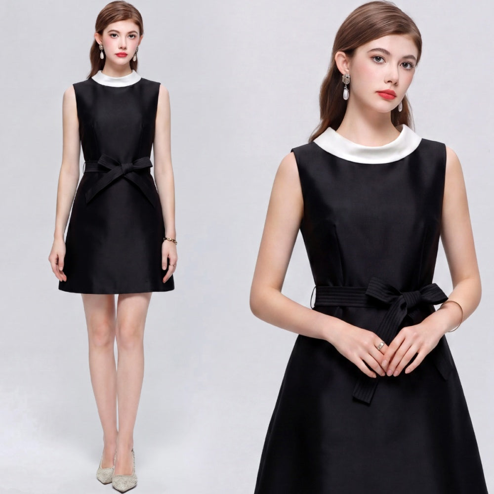 CM-DY073311 Women Elegant European Style Round Neck Sleeveless Satin Bow A-Line Mini Dress - Black