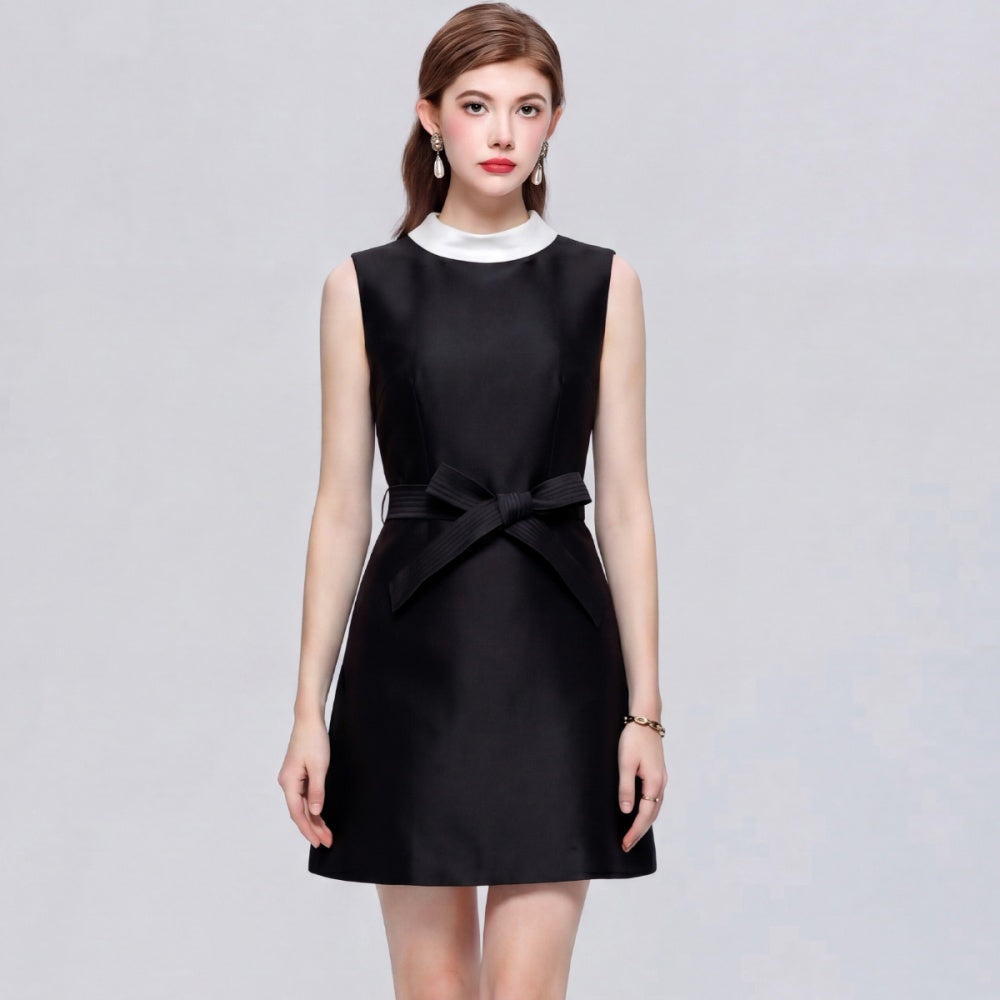 CM-DY073311 Women Elegant European Style Round Neck Sleeveless Satin Bow A-Line Mini Dress - Black