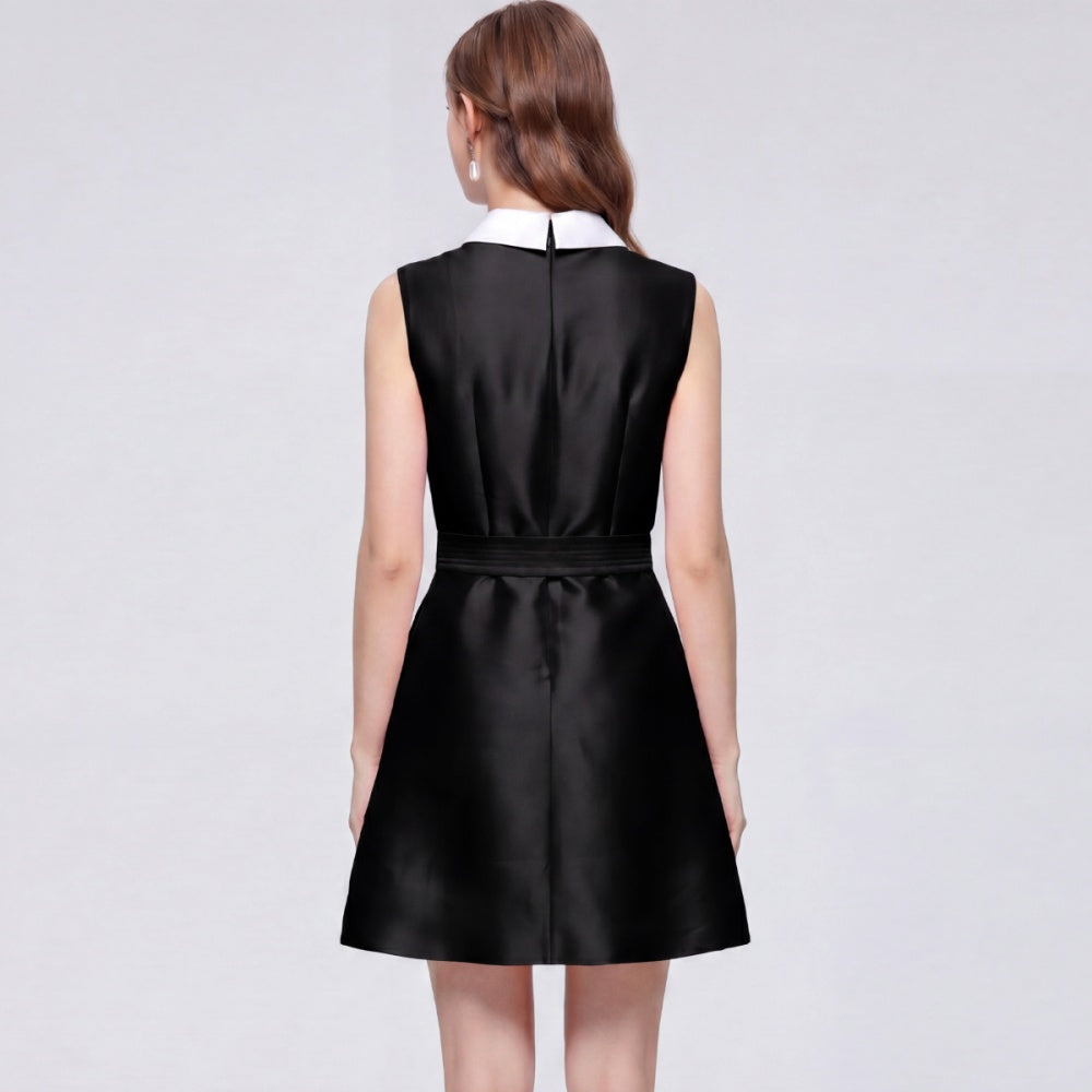 CM-DY073311 Women Elegant European Style Round Neck Sleeveless Satin Bow A-Line Mini Dress - Black