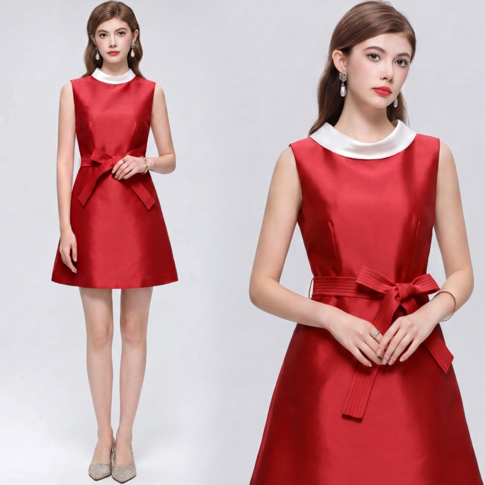 CM-DY073312 Women Elegant European Style Round Neck Sleeveless Satin Bow A-Line Mini Dress - Red