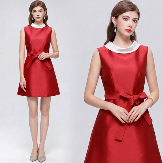 CM-DY073312 Women Elegant European Style Round Neck Sleeveless Satin Bow A-Line Mini Dress - Red