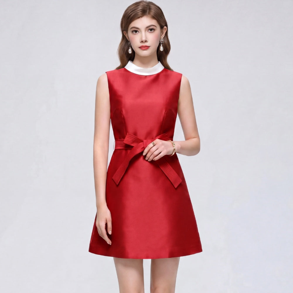 CM-DY073312 Women Elegant European Style Round Neck Sleeveless Satin Bow A-Line Mini Dress - Red