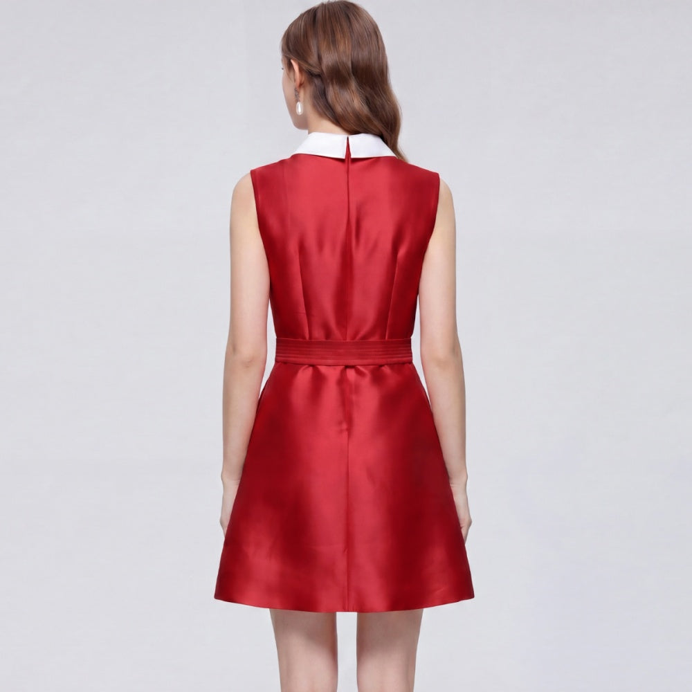 CM-DY073312 Women Elegant European Style Round Neck Sleeveless Satin Bow A-Line Mini Dress - Red