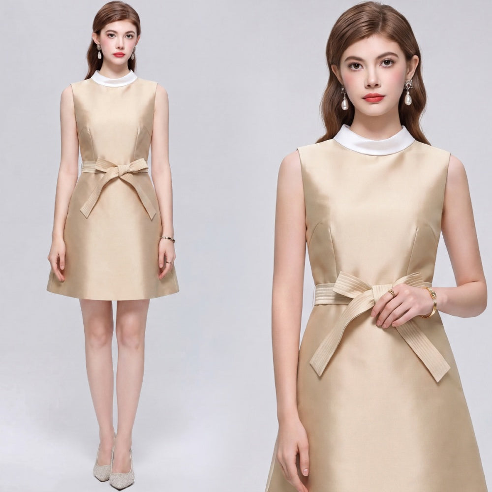 CM-DY073313 Women Elegant European Style Round Neck Sleeveless Satin Bow A-Line Mini Dress - Khaki