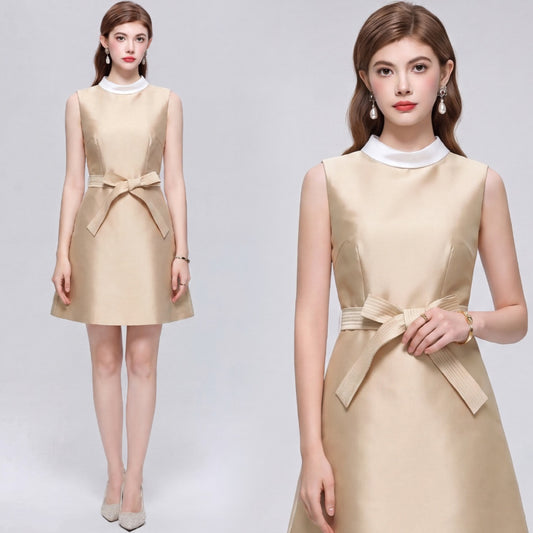 CM-DY073313 Women Elegant European Style Round Neck Sleeveless Satin Bow A-Line Mini Dress - Khaki