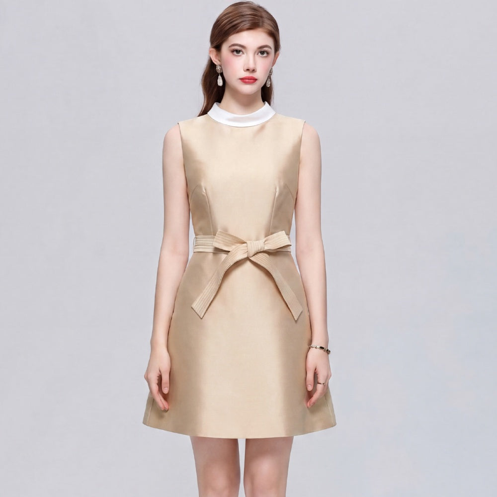 CM-DY073313 Women Elegant European Style Round Neck Sleeveless Satin Bow A-Line Mini Dress - Khaki