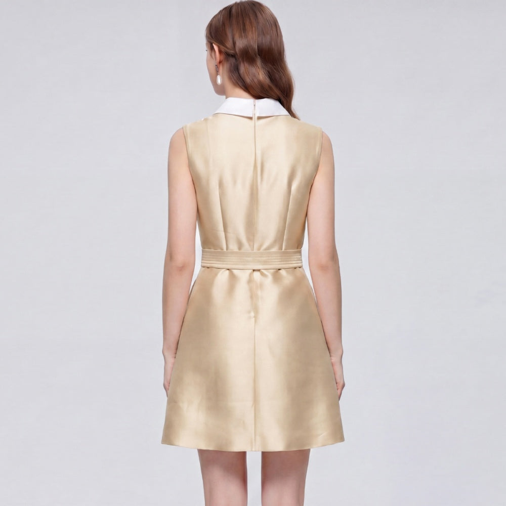 CM-DY073313 Women Elegant European Style Round Neck Sleeveless Satin Bow A-Line Mini Dress - Khaki