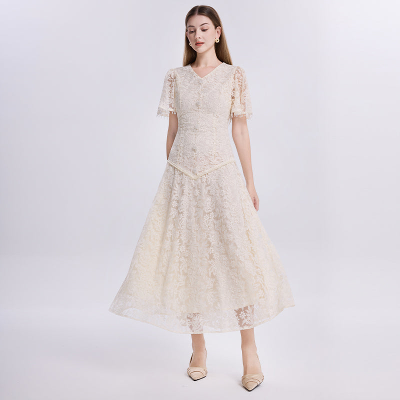 CM-DY073407 Women Elegant European Style V-Neck Short Sleeve Embroidered Tassels Back Dress - Apricot