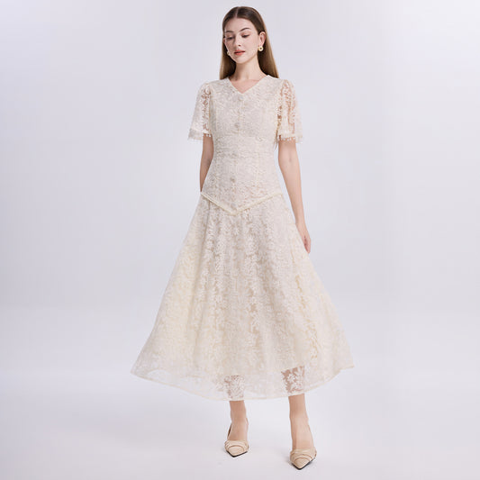 CM-DY073407 Women Elegant European Style V-Neck Short Sleeve Embroidered Tassels Back Dress - Apricot