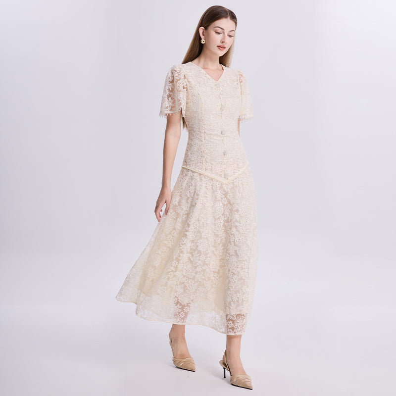 CM-DY073407 Women Elegant European Style V-Neck Short Sleeve Embroidered Tassels Back Dress - Apricot
