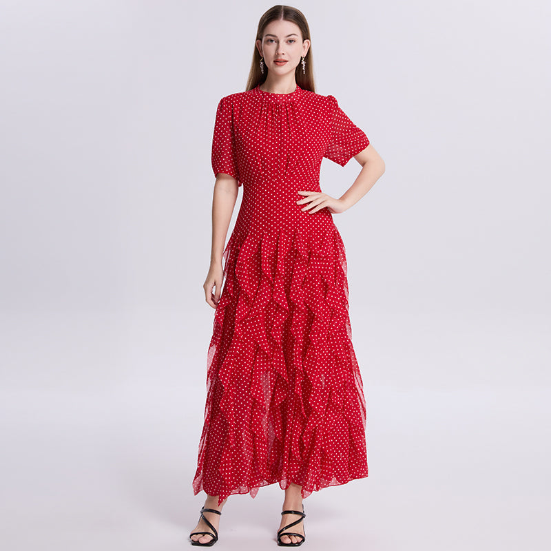 CM-DY073408 Women Elegant European Style Round Neck Short Sleeve Elastic Waist Mermaid Dress - Red