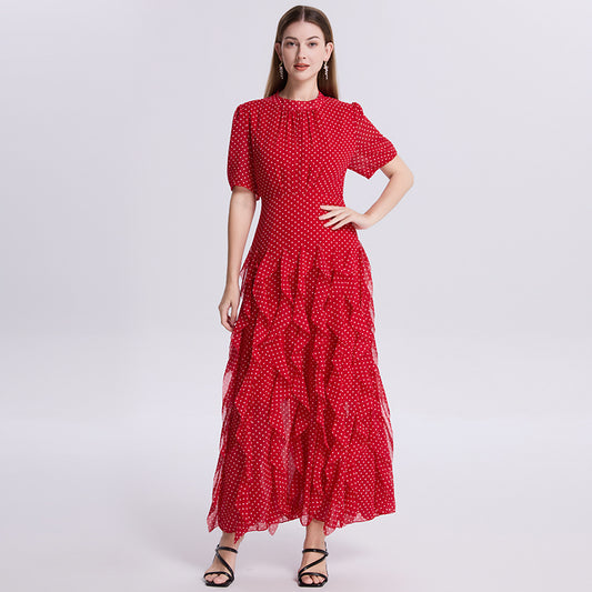 CM-DY073408 Women Elegant European Style Round Neck Short Sleeve Elastic Waist Mermaid Dress - Red