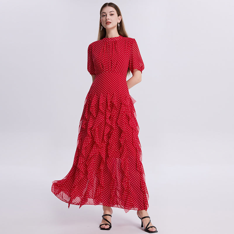 CM-DY073408 Women Elegant European Style Round Neck Short Sleeve Elastic Waist Mermaid Dress - Red
